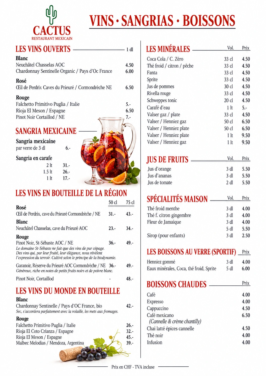 Carte des vins, sangria mexicaine et boissons du Cactus à Neuchâtel